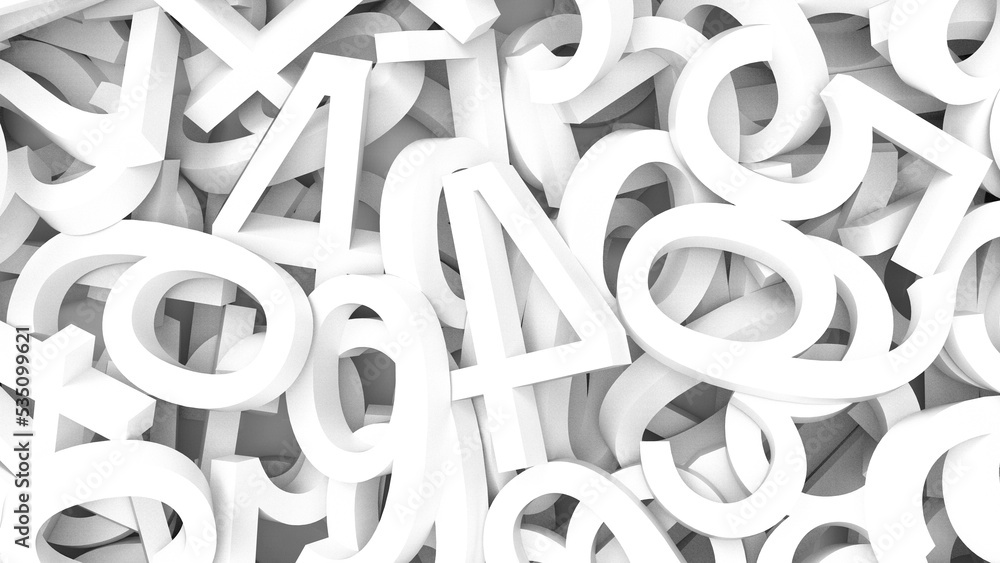 Many white three dimensional numeric characters that push against each other and make noise on white board. Concept 3D CG of chaotic state of society, unresolved problem and fractal analysis. Many white three dimensional numeric characters that push against each other and make noise on white board. Concept 3D CG of chaotic state of society, unresolved problem and fractal analysis.