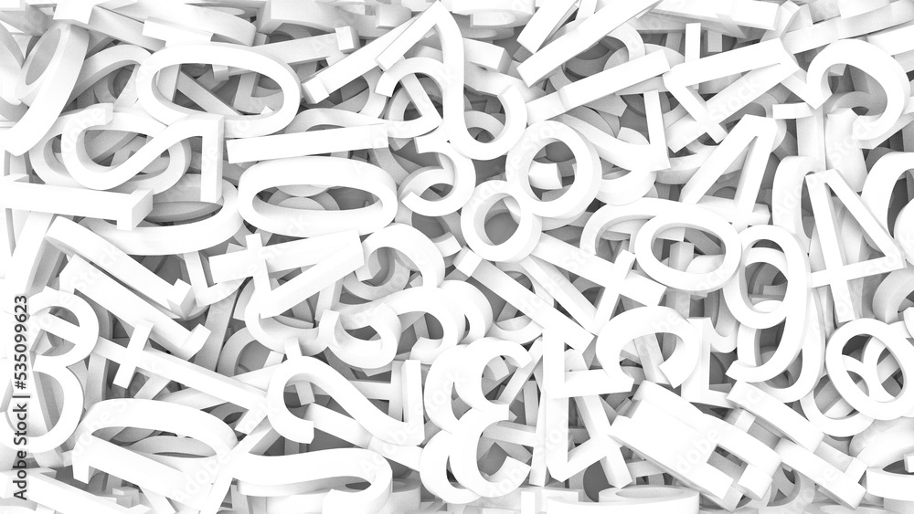 Many white three dimensional numeric characters that push against each other and make noise on white board. Concept 3D CG of chaotic state of society, unresolved problem and fractal analysis. Many white three dimensional numeric characters that push against each other and make noise on white board. Concept 3D CG of chaotic state of society, unresolved problem and fractal analysis.
