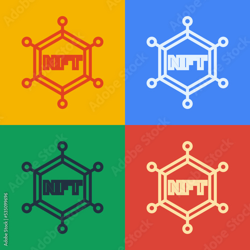 Pop art line NFT blockchain technology icon isolated on color background. Non fungible token. Digital crypto art concept. Vector