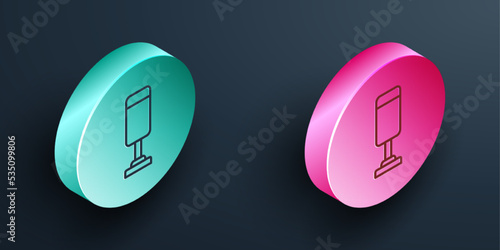 Isometric line Punching bag icon isolated on black background. Turquoise and pink circle button. Vector