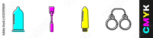 Set Condom, Leather whip, Dildo vibrator and Sexy fluffy handcuffs icon. Vector