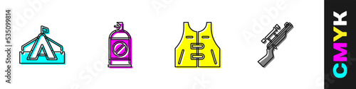 Set Tourist tent, Spray against insects, Hunting jacket and Sniper rifle with scope icon. Vector