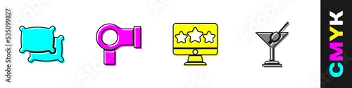 Set Pillow, Hair dryer, Five stars rating review and Martini glass icon. Vector