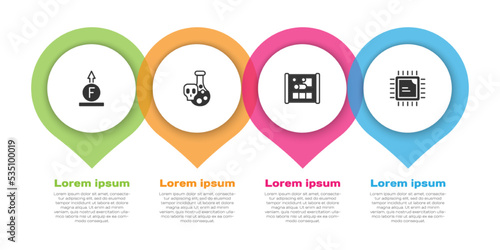 Set Force of physic formula, Test tube with toxic liquid, Graphing paper engineering and Processor CPU. Business infographic template. Vector
