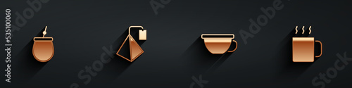 Set Mate tea, Tea bag, Cup of and icon with long shadow. Vector