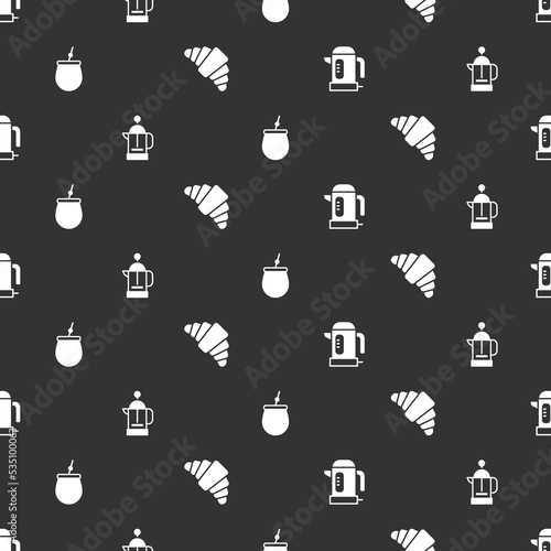 Set Electric kettle, French press, Mate tea and Croissant on seamless pattern. Vector