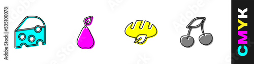 Set Cheese, Pear, Vegan bread loaf and Fresh berries icon. Vector