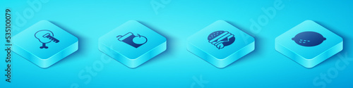Set Isometric Genetically modified chicken, Fresh smoothie, Lemon and Vegan food diet icon. Vector