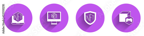 Set Laptop with art store app, Monitor, NFT shield and Digital crypto icon with long shadow. Vector