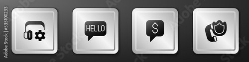 Set Headphoneswith settings, Hello different languages, Paid support and Telephone handset shield icon. Silver square button. Vector photo