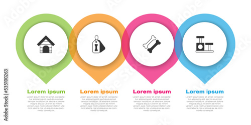 Set Dog house, collar with bone, and Cat scratching post toy. Business infographic template. Vector