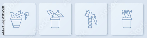 Set line Spraying plant, Water spray bottle, Plant pot and . White square button. Vector