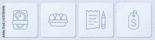 Set line Meat packaging steak, Shopping list and pencil, Chicken egg box and Price tag with dollar. White square button. Vector