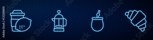 Set line Mate tea, Cup of with lemon, French press and Croissant. Glowing neon icon on brick wall. Vector