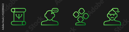 Set line Schizophrenia, Psychology book, Online psychological counseling and Concussion, headache. Gradient color icons. Vector