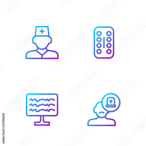 Set line Male doctor, Encephalogram, and Sedative pills. Gradient color icons. Vector