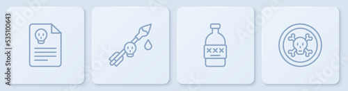 Set line Radiation warning document, Poisoned alcohol, the arrow and Bones and skull. White square button. Vector