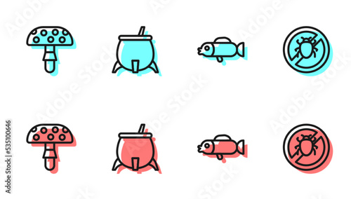 Set line Puffer fish, Fly agaric mushroom, Witch cauldron and Stop colorado beetle icon. Vector