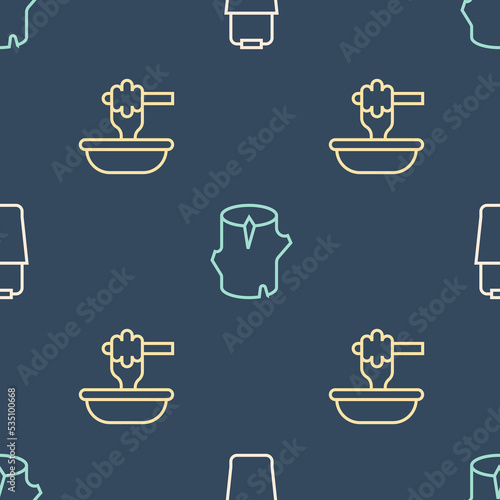 Set line Sauna bucket, Honey dipper stick with bowl and Wooden log on seamless pattern. Vector