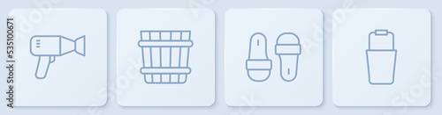Set line Hair dryer, Sauna slippers, bucket and . White square button. Vector