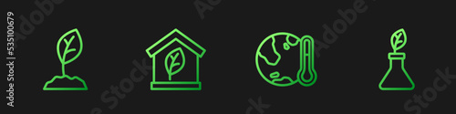Set line Earth melting to global warming, Sprout, Eco friendly house and Plant breeding. Gradient color icons. Vector