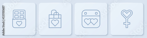 Set line Chocolate bar, Calendar with heart, Shopping bag and Female gender symbol. White square button. Vector