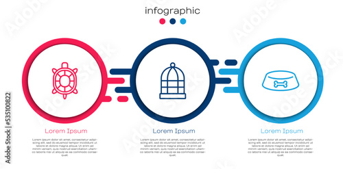 Set line Turtle, Cage for birds and Pet food bowl cat dog. Business infographic template. Vector