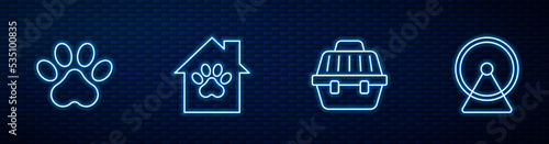 Set line Pet carry case, Paw print, house and Hamster wheel. Glowing neon icon on brick wall. Vector