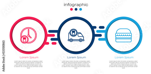 Set line Round the clock delivery, Fast by car and Burger. Business infographic template. Vector