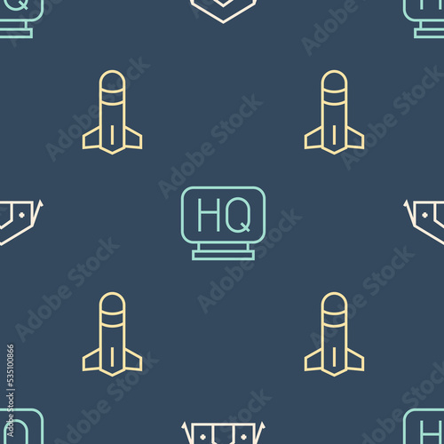 Set line Military medical tent, Rocket and headquarters on seamless pattern. Vector