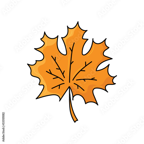 Bright autumn leaf. Cartoon style. Vector design on white. Hand drawn icon