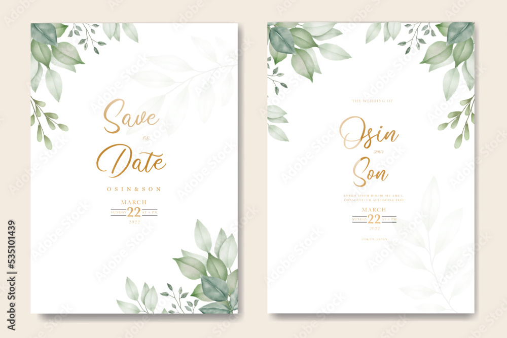 Green Leaves Watercolor Wedding Invitation Card Template  ,