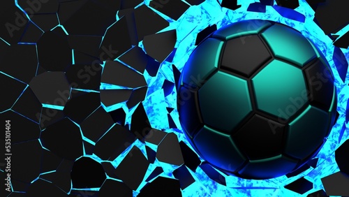 Black-green soccer ball breaking with great force through black-blue illuminated wall under spot light background. 3D high quality rendering. 3D illustration. 3D CG.