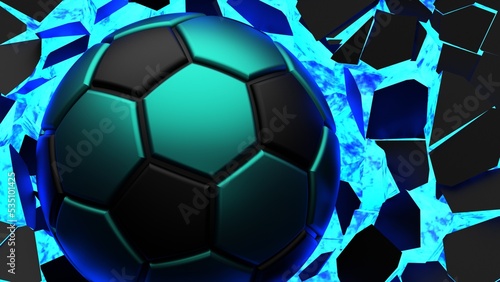 Black-green soccer ball breaking with great force through black-blue illuminated wall under spot light background. 3D high quality rendering. 3D illustration. 3D CG. © DRN Studio