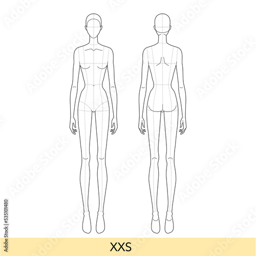 XXS size Women Fashion template 9 nine head size Croquis Lady with main lines model skinny body figure front, back view. Vector isolated sketch outline girl for Fashion Design, technical drawing
