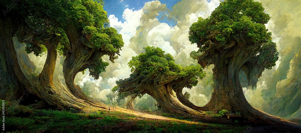 Enchanted forest, surreal dreamscape of majestic ancient oak trees towering high over the mystical woodland landscape and otherworldly clouds. Lush green summer fairytale fantasy art illustration.