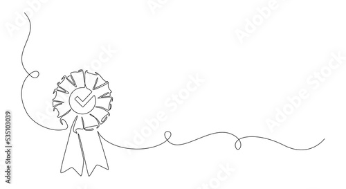 Rosette Stamp award badge with tick in one continuous line drawing. Premium quality product and high warranty concept or logo in simple linear style. Editable Stroke. Doodle vector illustration