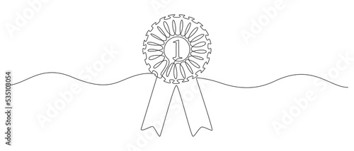 1st Rosette Stamp award badge in one continuous line drawing. Premium quality product and high warranty concept or logo and divider in simple linear style. Editable Stroke. Doodle vector illustration