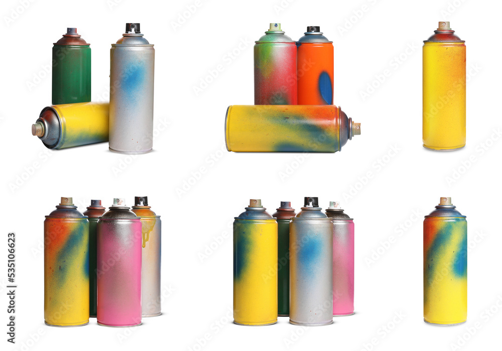 Set with used cans of spray paints on white background - obrazy, fototapety, plakaty 