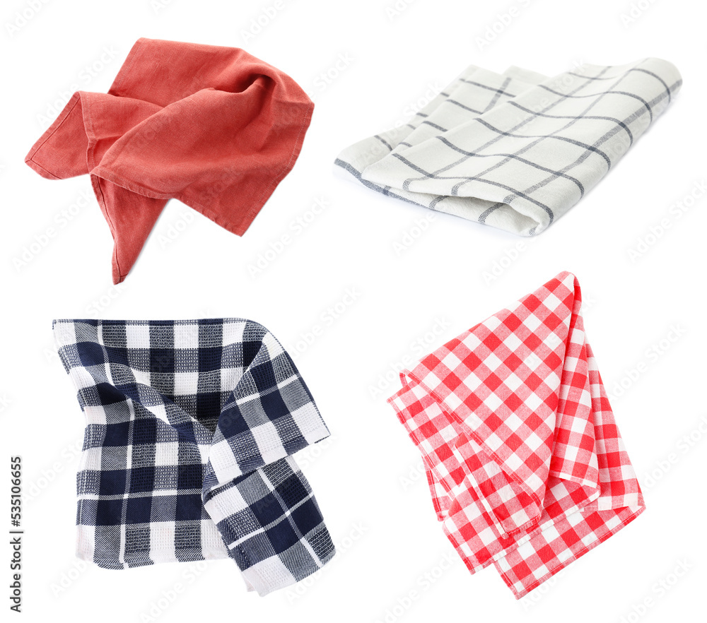 Set with different fabric napkins on white background Set with different fabric napkins on white background