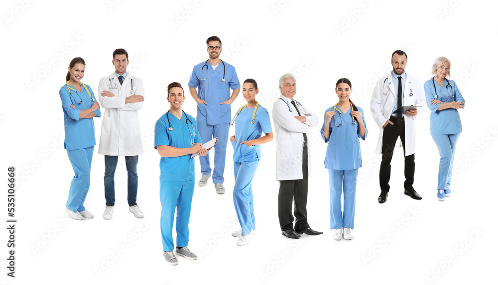 Collage with photos of doctors on white background Collage with photos of doctors on white background