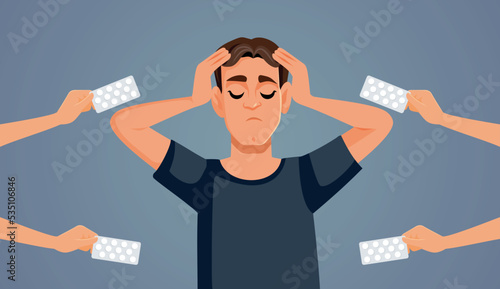 Man Suffering a Headache Receiving Treatment Vector Cartoon Illustration. Sick person being recommended different medication for illness 
