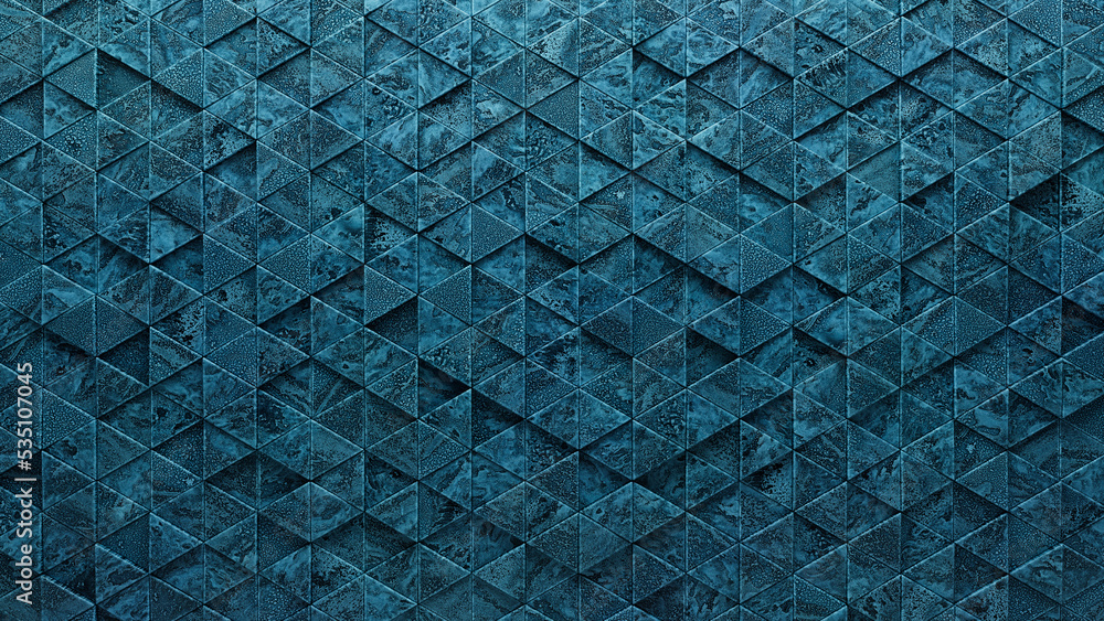 Glazed Block Rendering Textured, Triangular Mosaic Tiles arranged in the shape of a wall. Blue ...