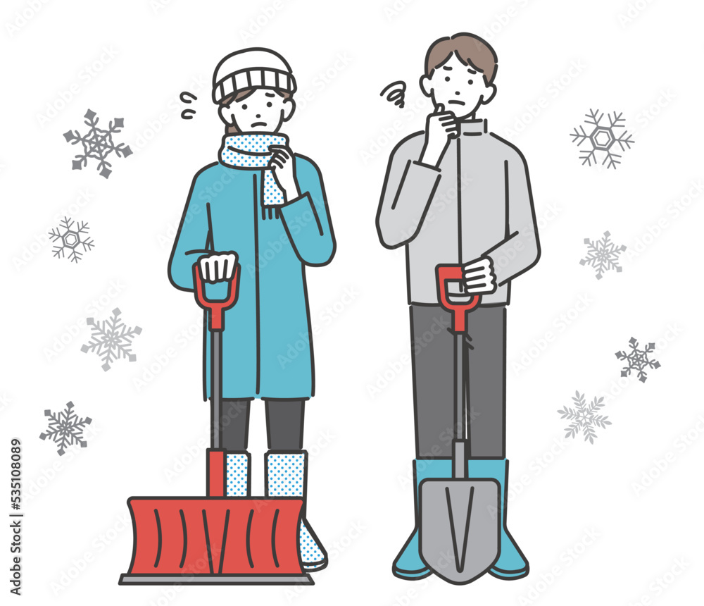 除雪で困っているスコップを持つ男女のベクターイラスト素材／雪／冬／雪国／シャベル
