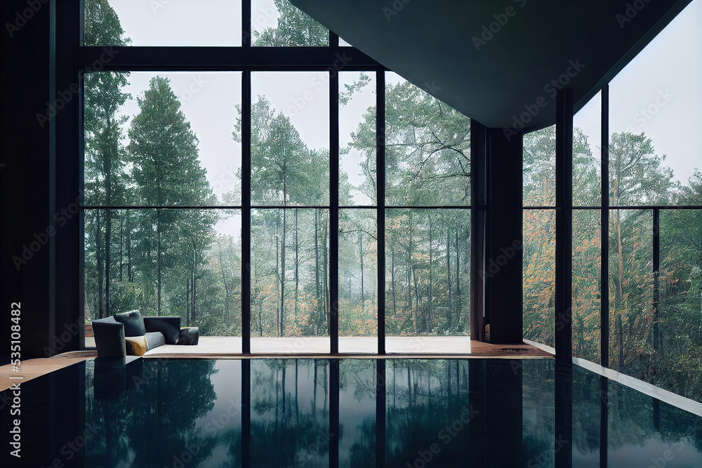 Beautiful modern house interior, big windows, forest scene, 3d render, 3d illustration