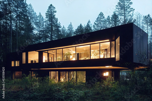 Beautiful modern house in the woods, big windows, forest scene background, 3d render, 3d illustration © Gbor