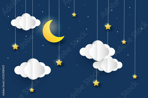 night sky with stars and moon. paper art style. Dreamy background with moon stars and clouds, abstract fantasy background. Half moon, stars and clouds on the dark night sky background.
