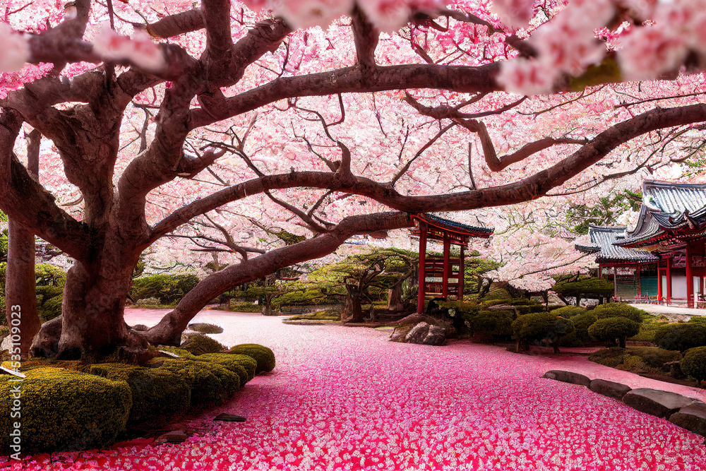 Beautiful japan temple in blossoming sakura garden, pink cherry