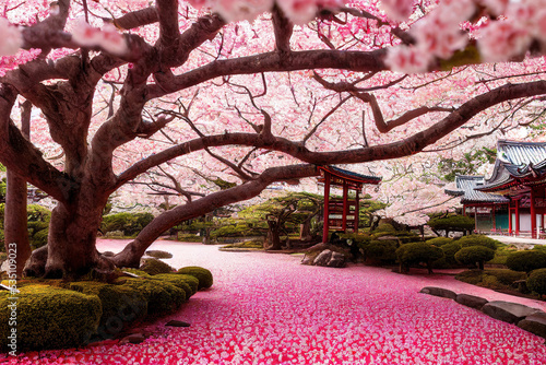 Beautiful japan temple in blossoming sakura garden, pink cherry trees, nature background wallpaper
