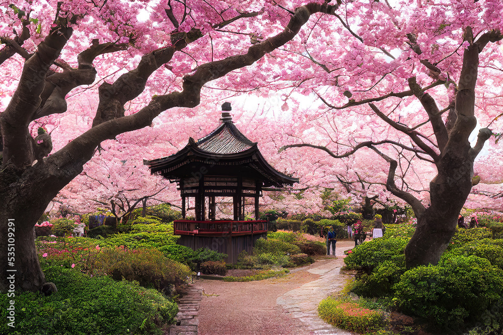 Beautiful japan temple in blossoming sakura garden, pink cherry trees, nature background wallpaper Beautiful japan temple in blossoming sakura garden, pink cherry trees, nature background wallpaper